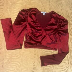 Old Money Royal Burgundy/Maroon Wrap-Style Satin Long Sleeve Cropped Top